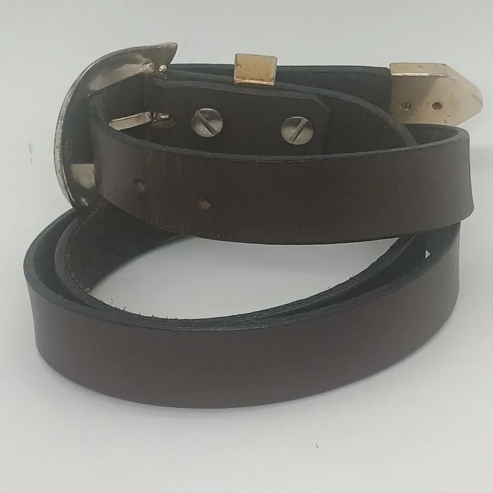 Vintage Leather Western Belt Silver Tone Brown Size 37-42 Southwestern